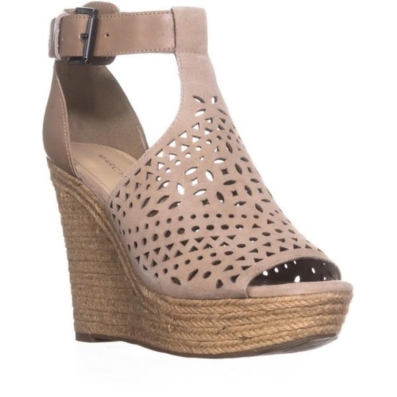 Marc Fisher Hasina Espadrille Suede Wedges 9 Tan Open Peep Toe Cutout Buckle - Picture 1 of 8